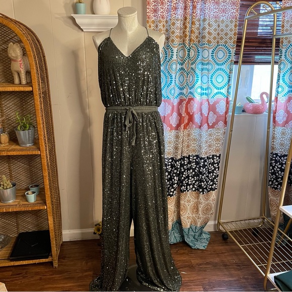 ASOS DESIGN sequin cami wide leg jumpsuit in khaki  Size 12 NWT - Picture 7 of 7